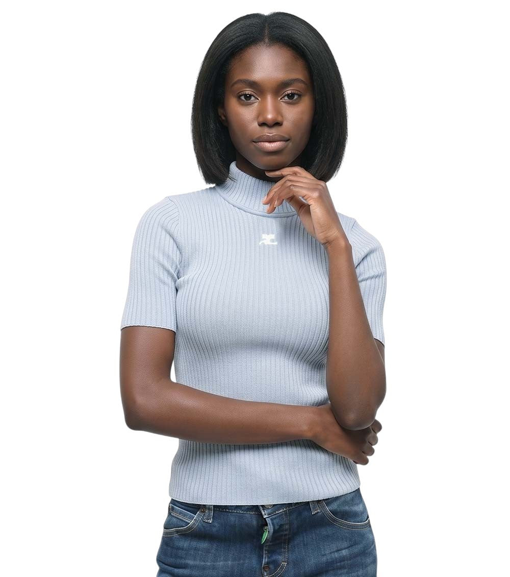 Light Blue Knitted Mock Collar Sweater 1