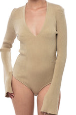 Beige Knitted V Neck Sweater 1