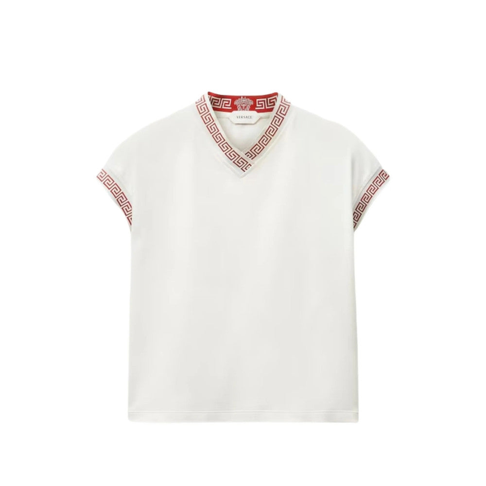 White Greca Pattern V Neck T-Shirt 1