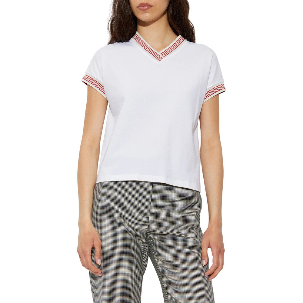 White Greca Pattern V Neck T-Shirt 2