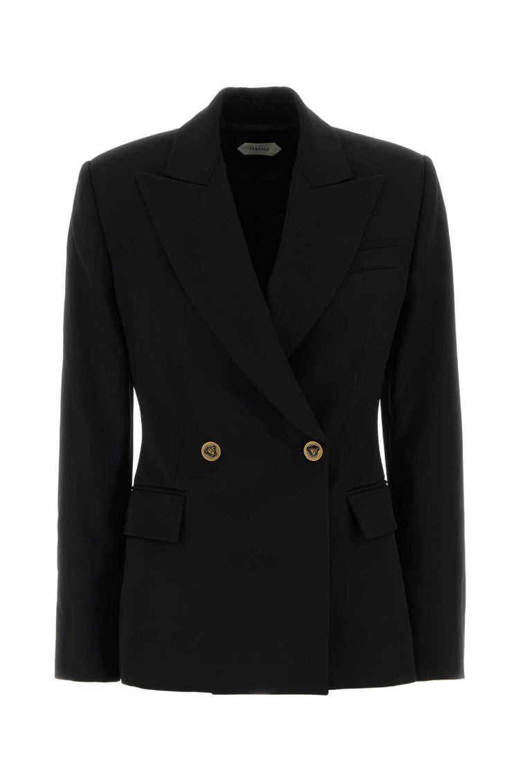 Black Solid Peaked Lapel Blazer 1