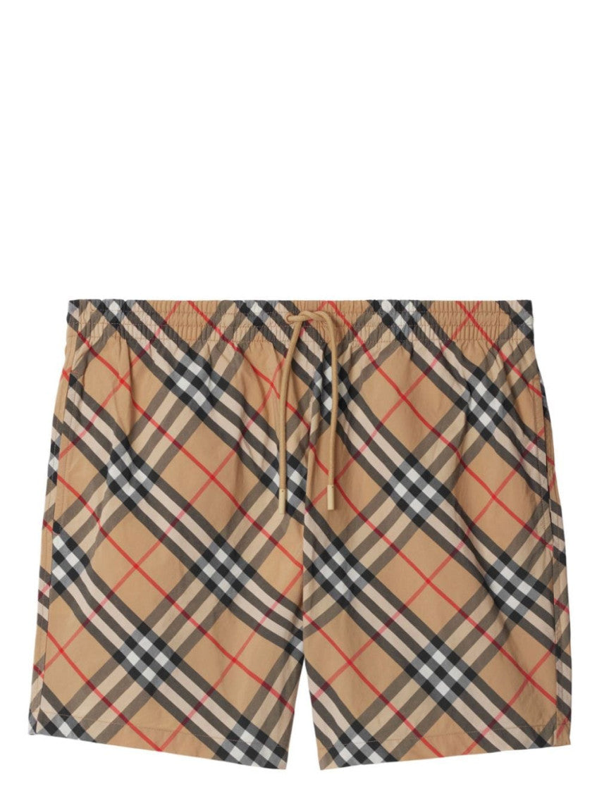 Beige Check Nylon Swim Shorts 1