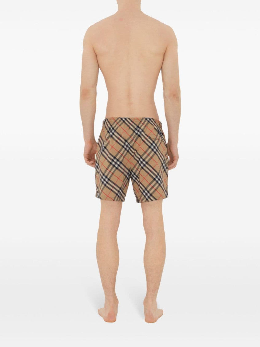 Beige Check Nylon Swim Shorts 2