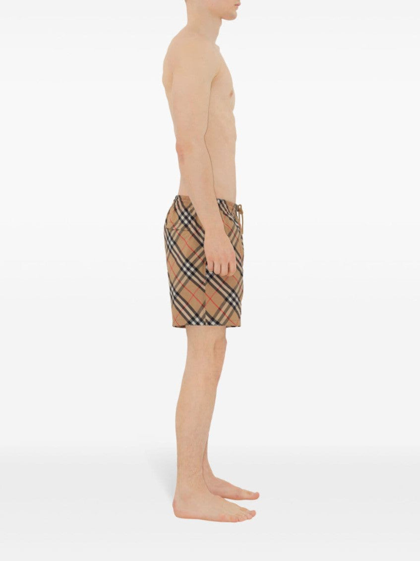 Beige Check Nylon Swim Shorts 3
