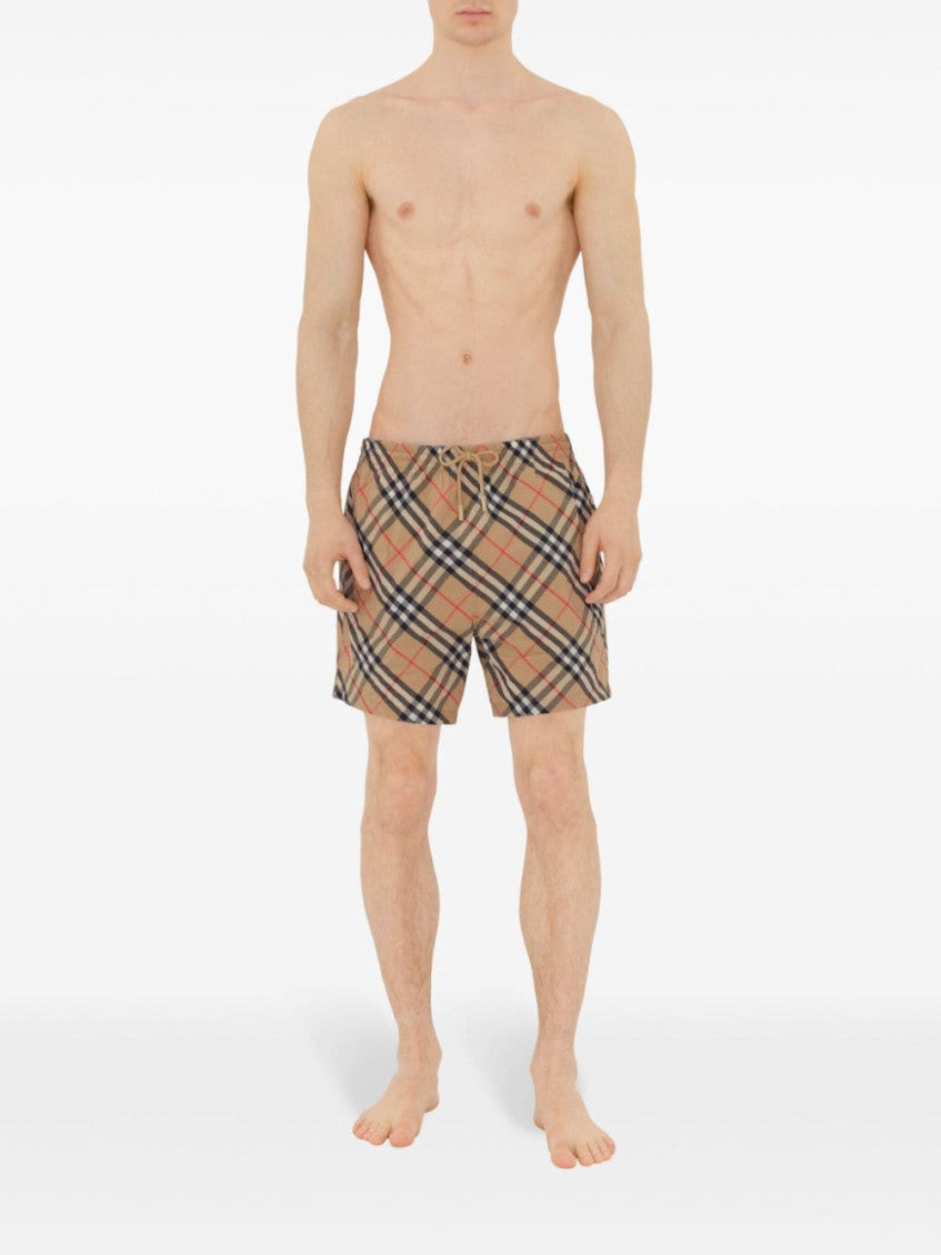 Beige Check Nylon Swim Shorts 4