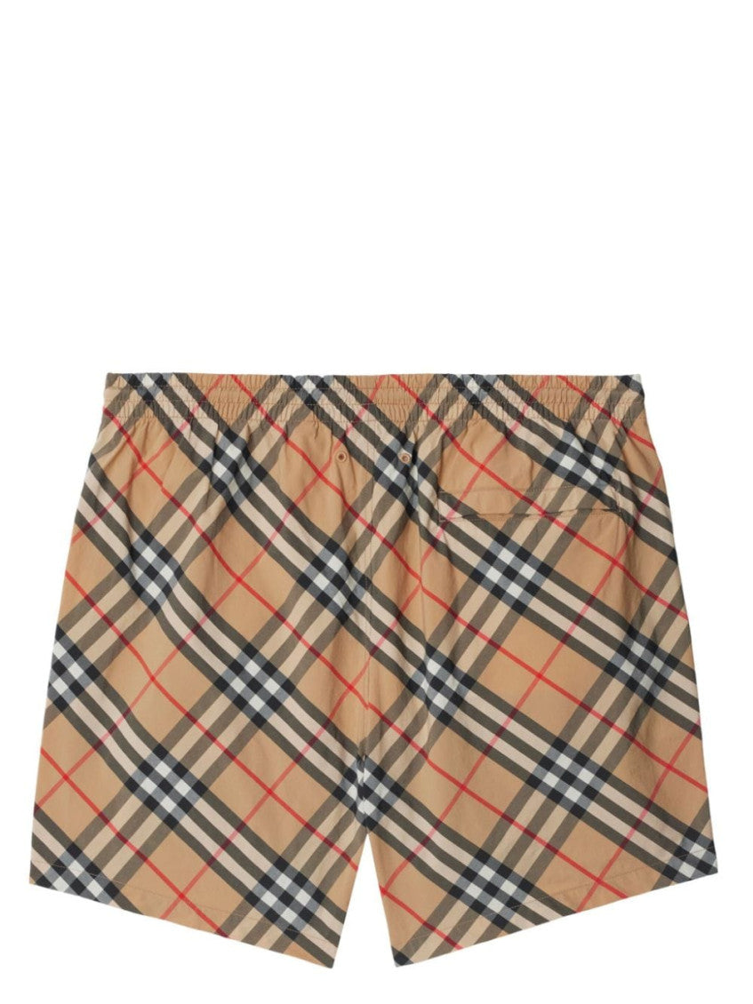 Beige Check Nylon Swim Shorts 7