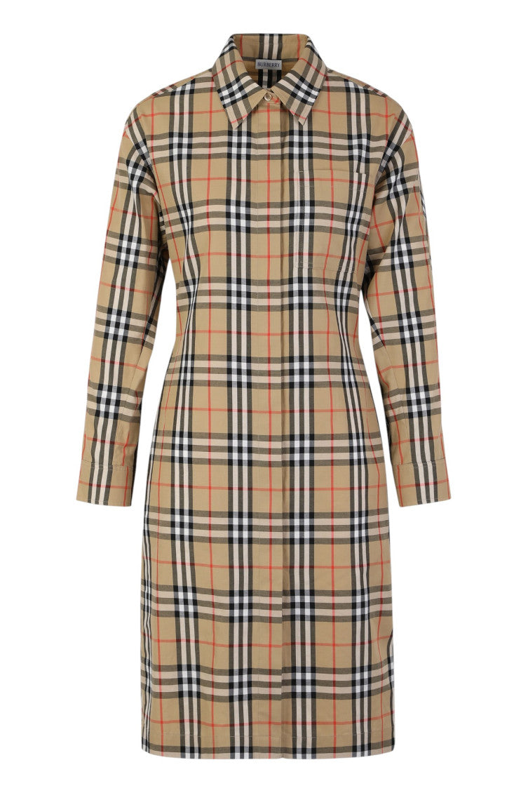 Beige Checks Shirt Collar Midi Dress 1