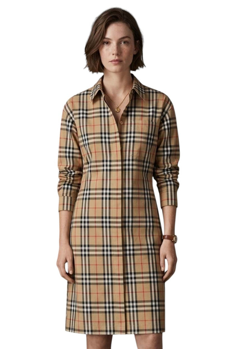 Beige Checks Shirt Collar Midi Dress 3