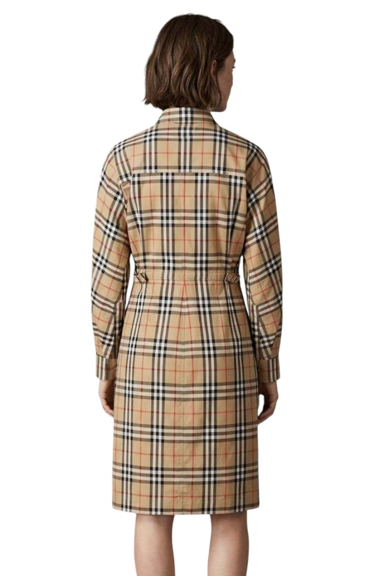 Beige Checks Shirt Collar Midi Dress 4