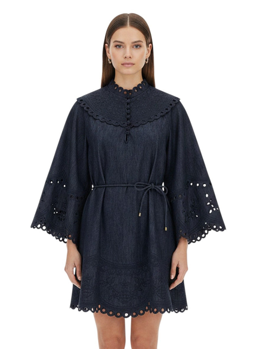 Blue Embroidered Mandarin Collar Dress 1