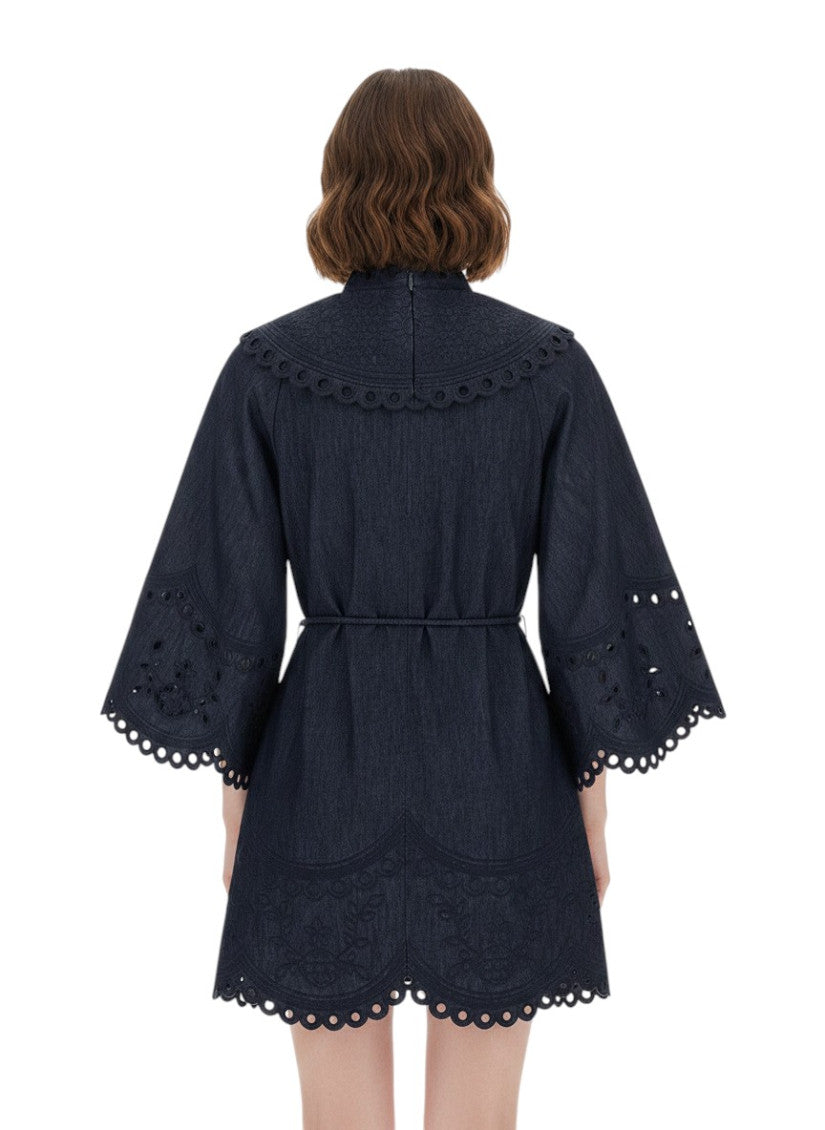 Blue Embroidered Mandarin Collar Dress 2