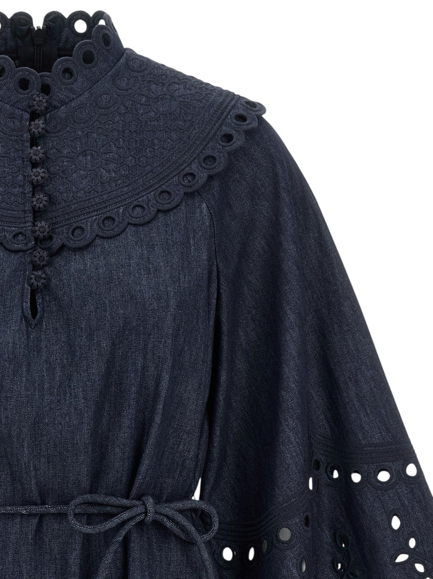Blue Embroidered Mandarin Collar Dress 3
