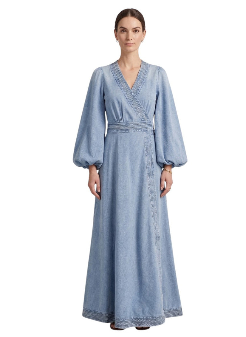 Blue Solid V Neck Maxi Dress 1