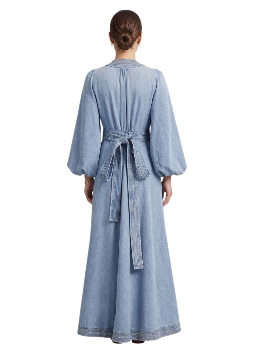 Blue Solid V Neck Maxi Dress 2