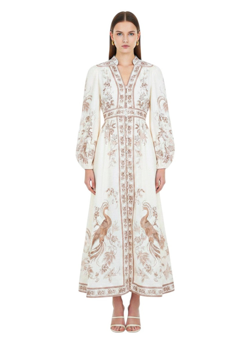 Beige Printed V Neck Maxi Dress 1