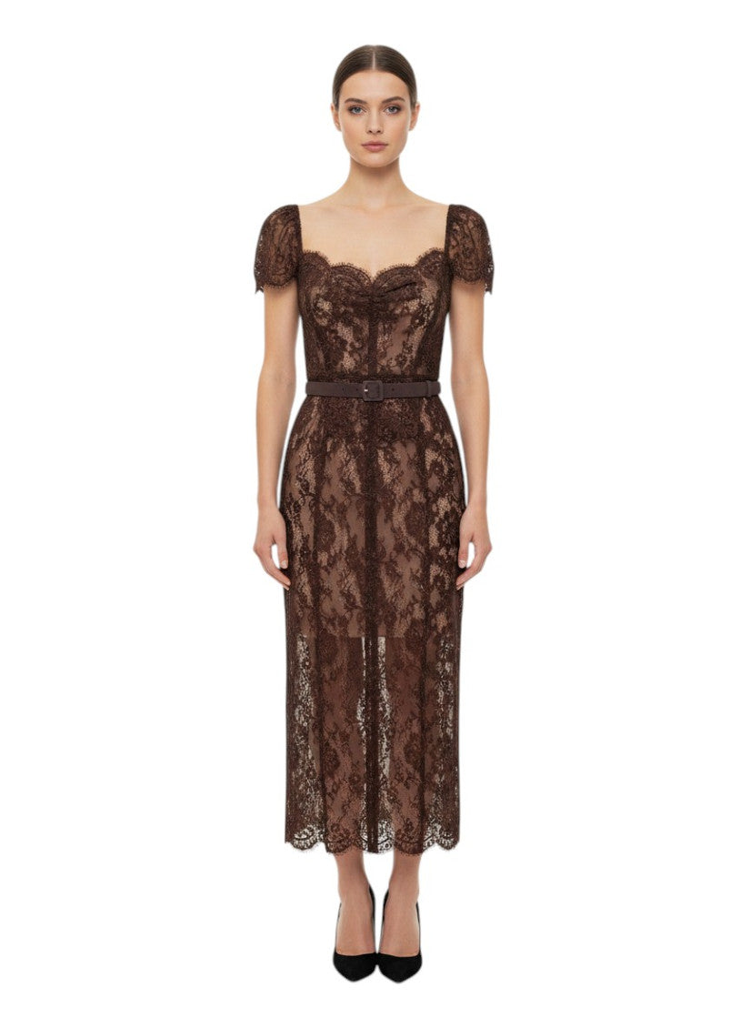 Brown Lace Sweet Heart Neck Midi Dress 1