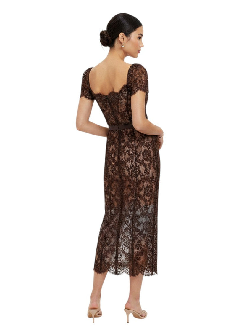 Brown Lace Sweet Heart Neck Midi Dress 2