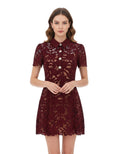 Burgundy Lace Shirt Collar Mini Dress 1