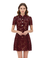 Burgundy Lace Shirt Collar Mini Dress 1