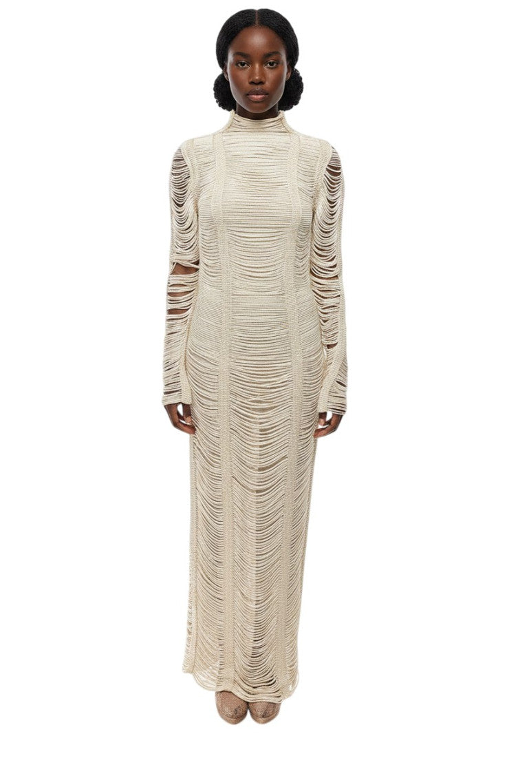 Beige Textured Mock Collar Maxi Dress 1