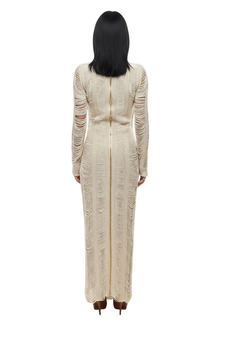 Beige Textured Mock Collar Maxi Dress 2