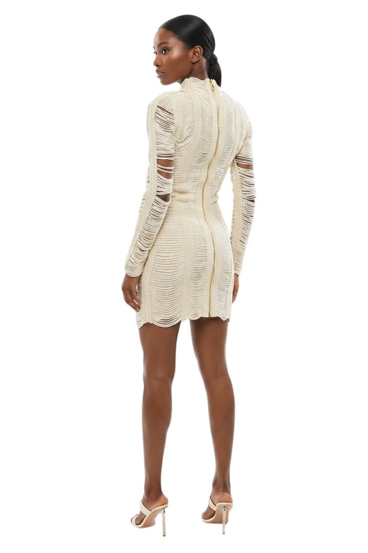 Beige Textured Mock Collar Mini Dress 2