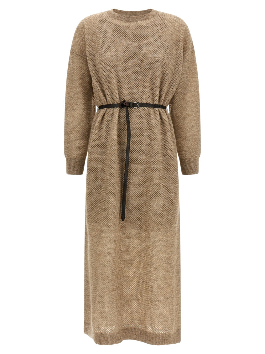 Beige Crew Neck Midi Dress 1