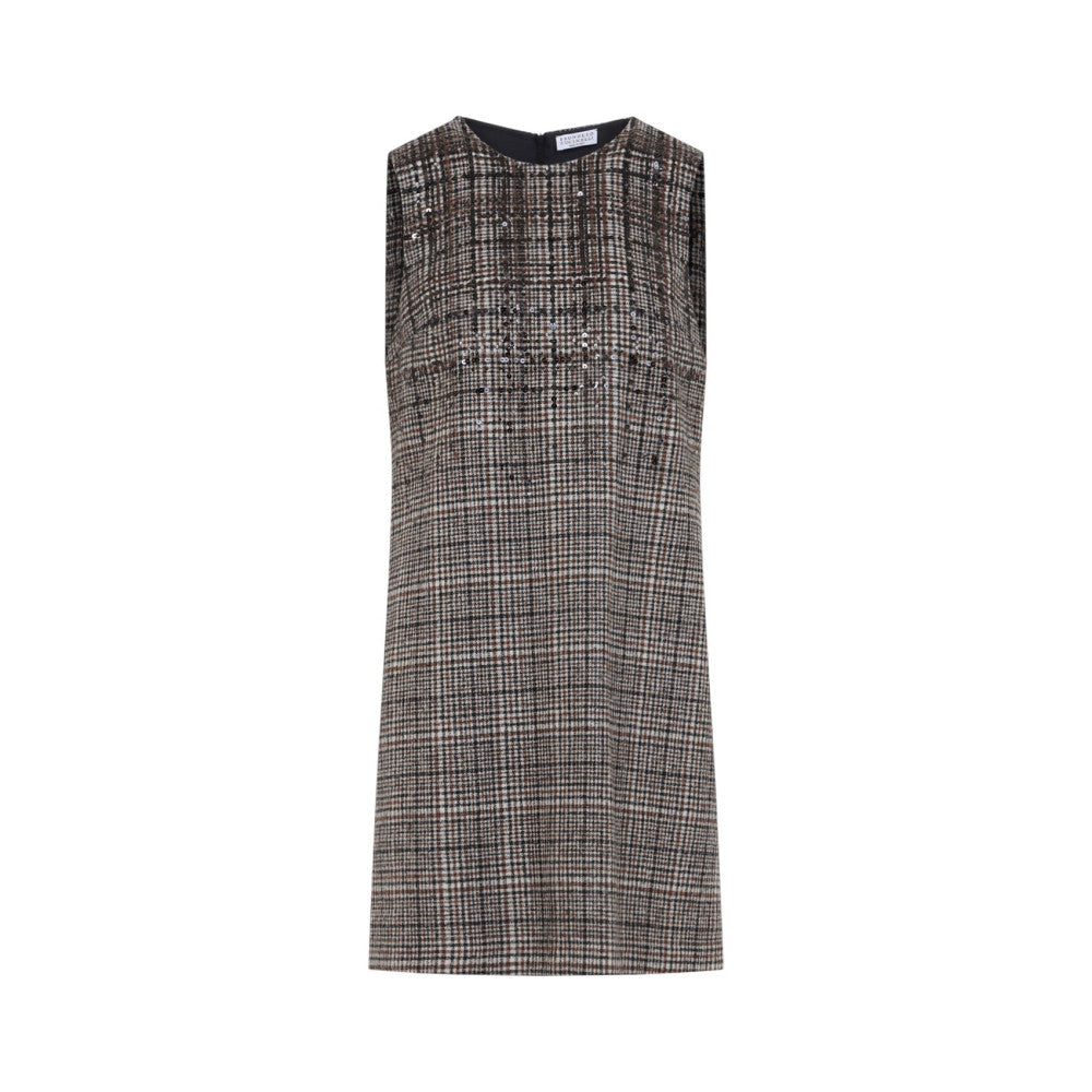 Beige Checks Crew Neck Mini Dress 1
