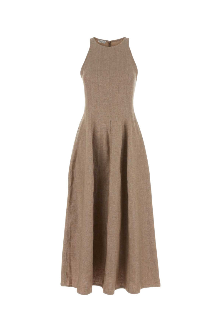 Brown Solid Round Neck Maxi Dress 1