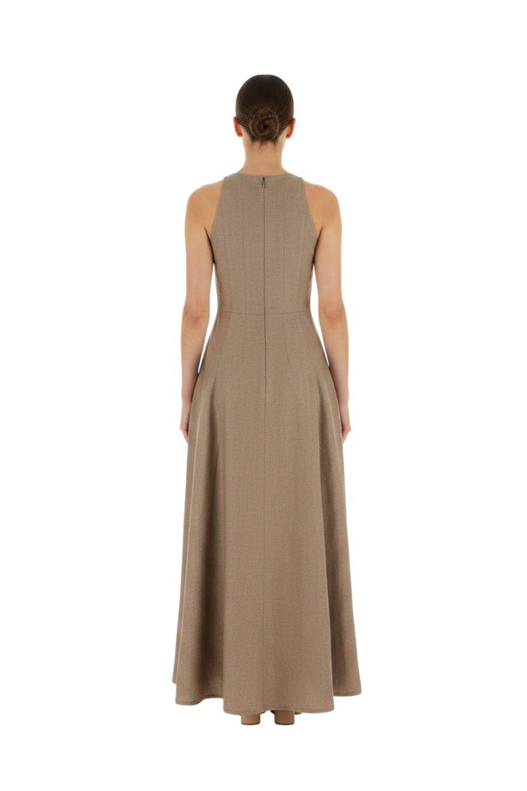 Brown Solid Round Neck Maxi Dress 4