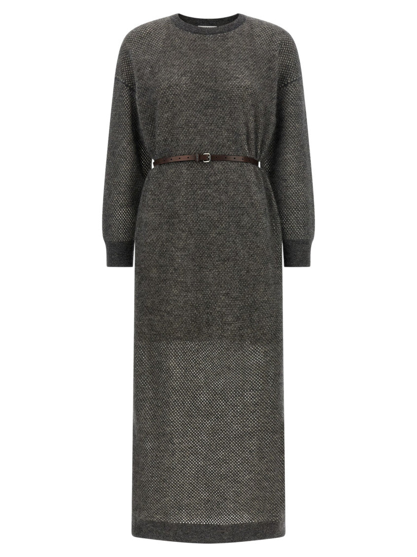 Grey Textured Crew Neck Midi Dress 1