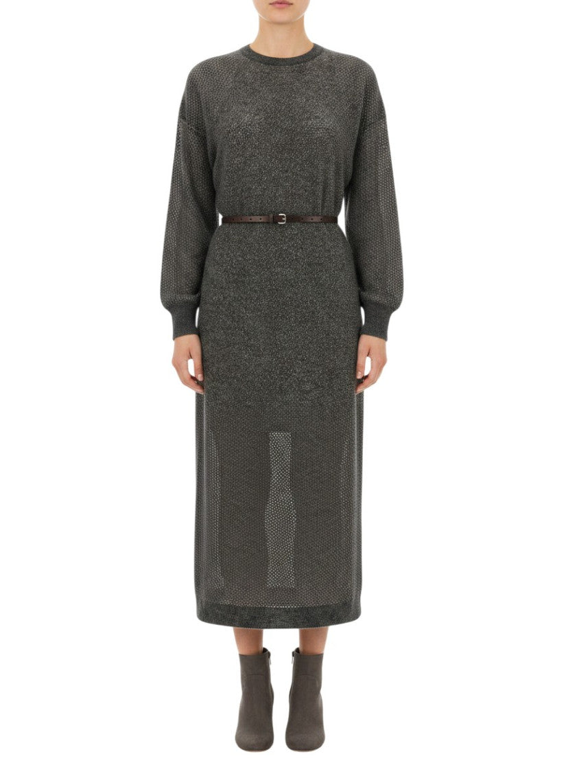 Grey Textured Crew Neck Midi Dress 3