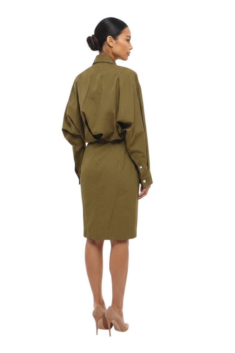 Green Shirt Collar Knee Length Dress 2