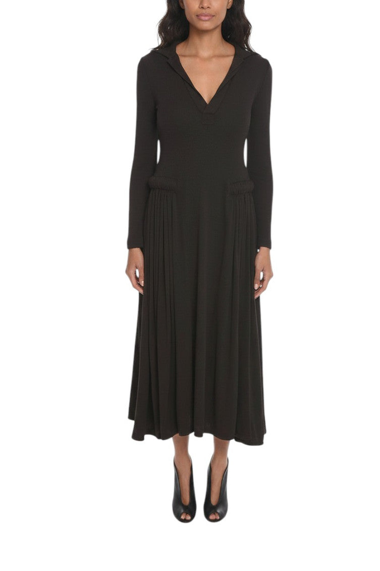 Brown Pleated V Neck Maxi Dress 1