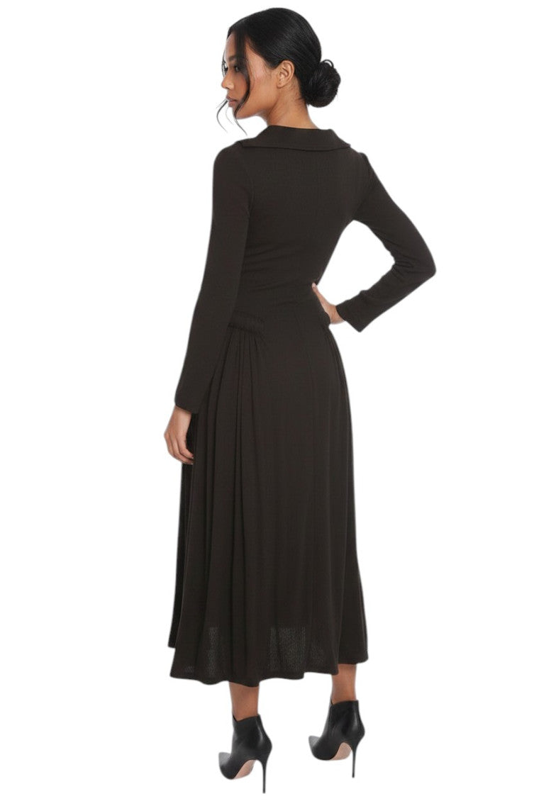 Brown Pleated V Neck Maxi Dress 2