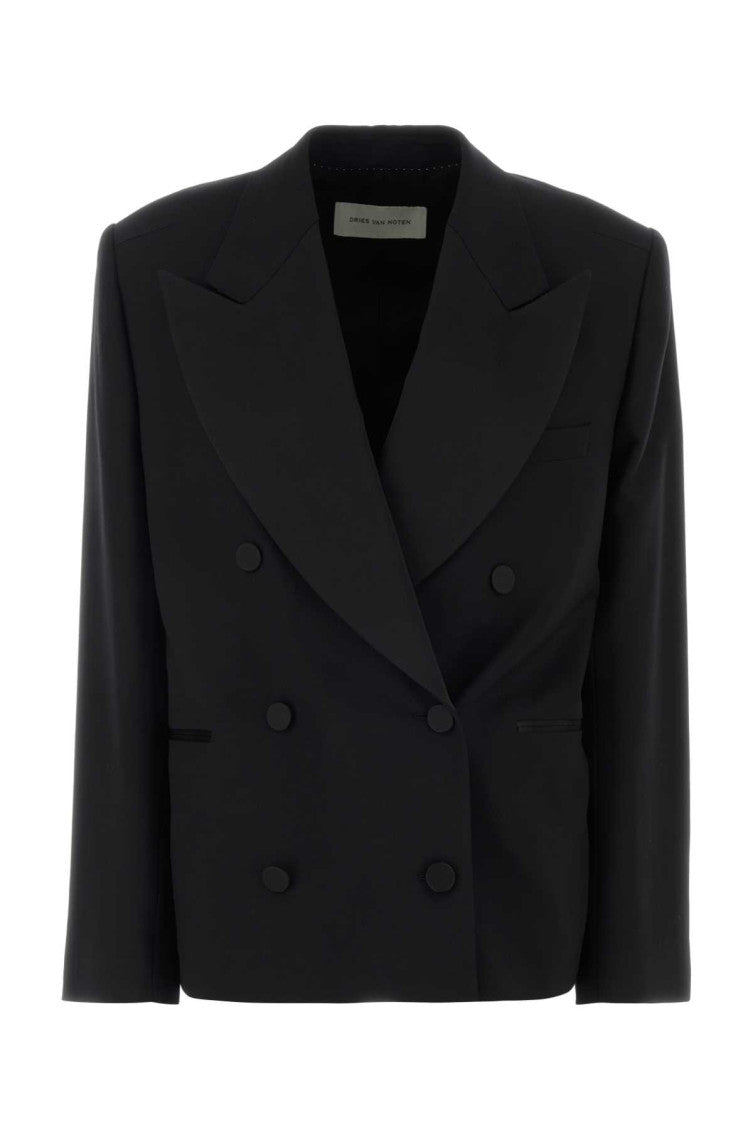 Black Solid Peaked Lapel Blazer 1