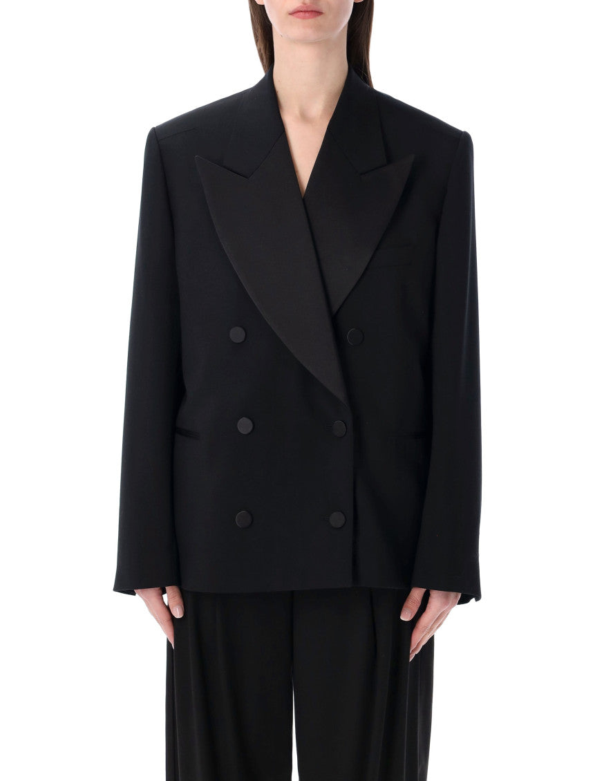 Black Solid Peaked Lapel Blazer 2