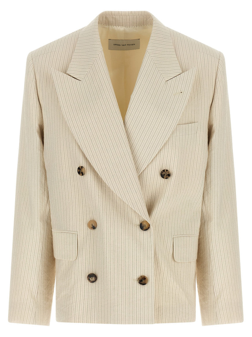Beige Striped Peaked Lapel Blazer 1