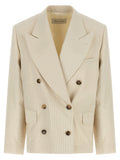 Beige Striped Peaked Lapel Blazer 1