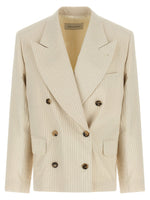 Beige Striped Peaked Lapel Blazer 1