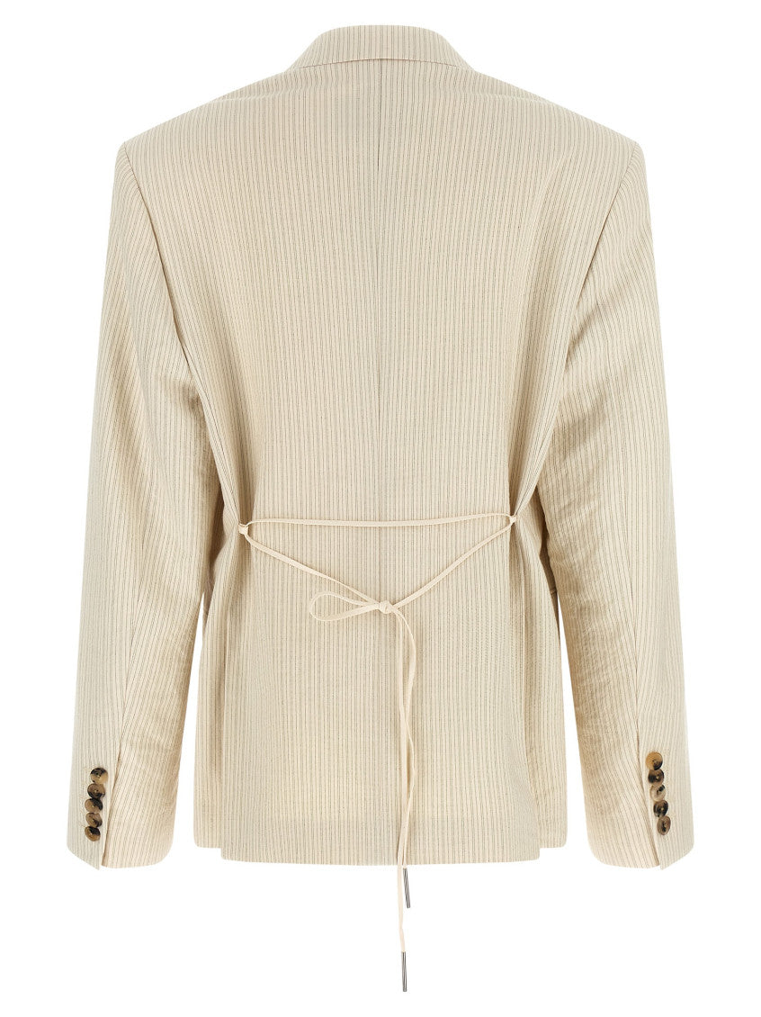 Beige Striped Peaked Lapel Blazer 2