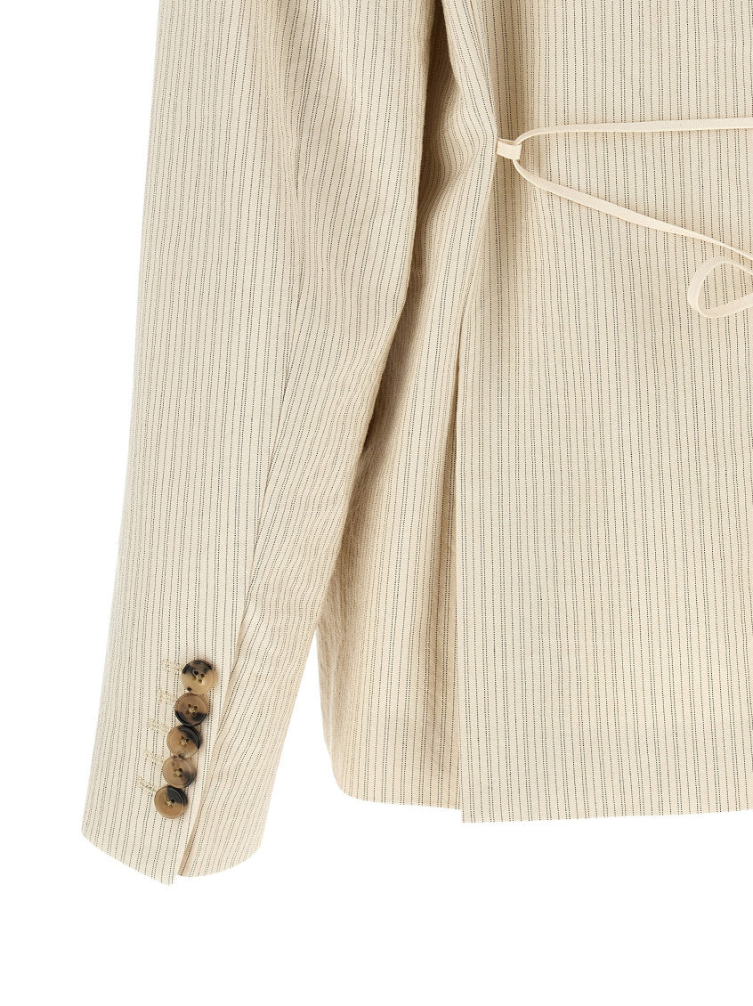 Beige Striped Peaked Lapel Blazer 4
