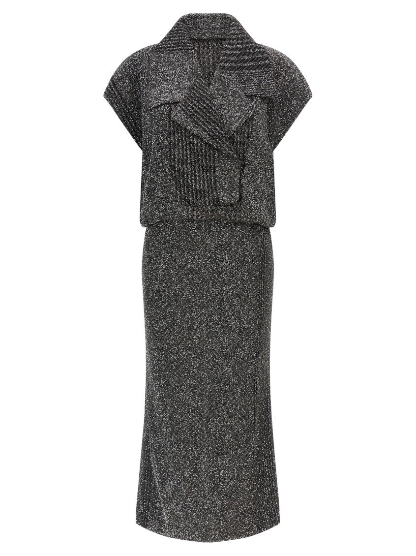 Grey Chevron Shawl Lapel Midi Dress 1