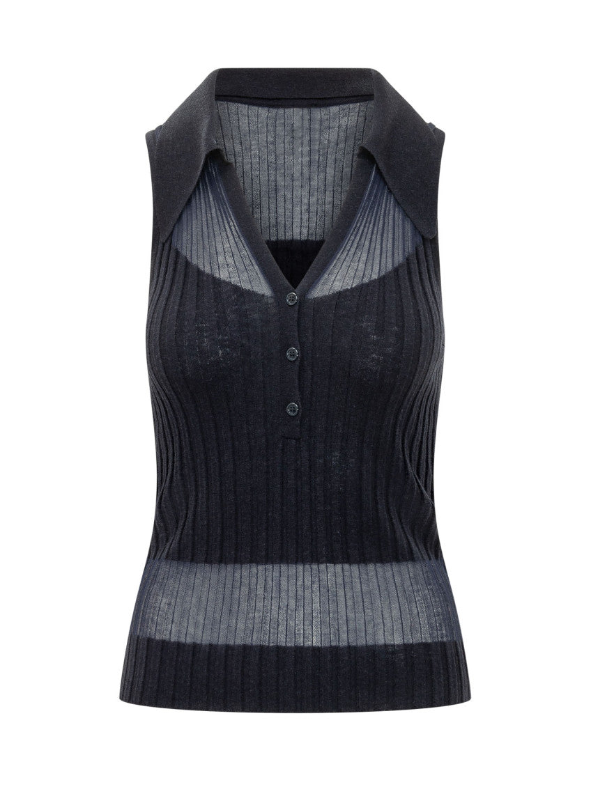 Blue Knitted Shirt Collar Top 1