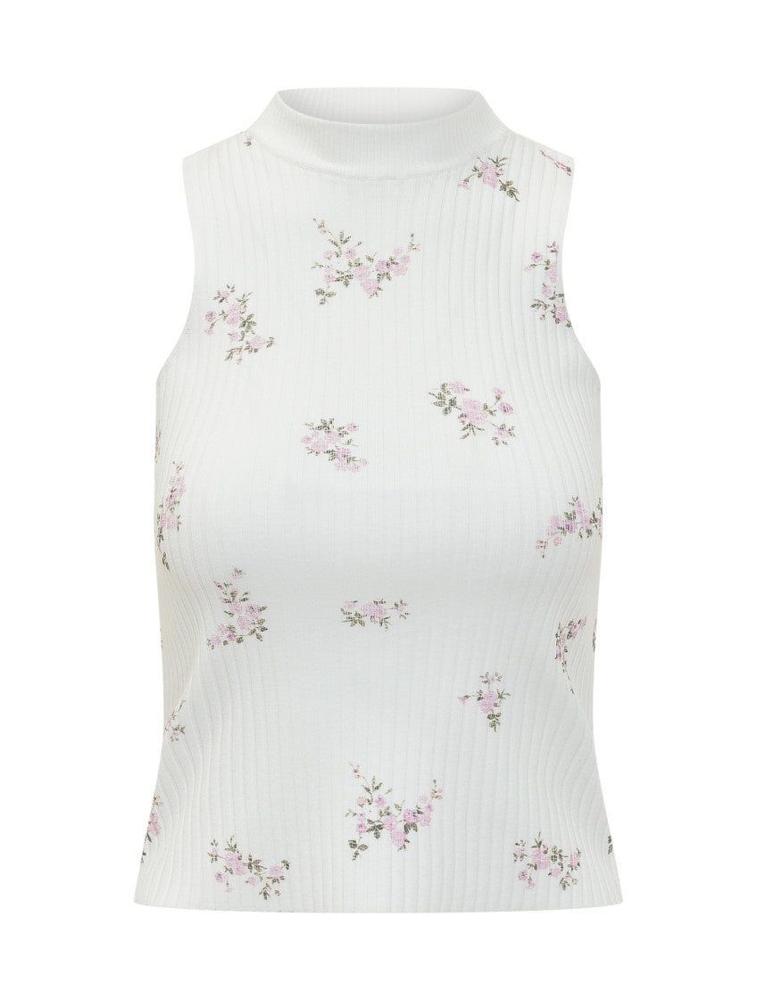 White Floral Mock Collar Top 1