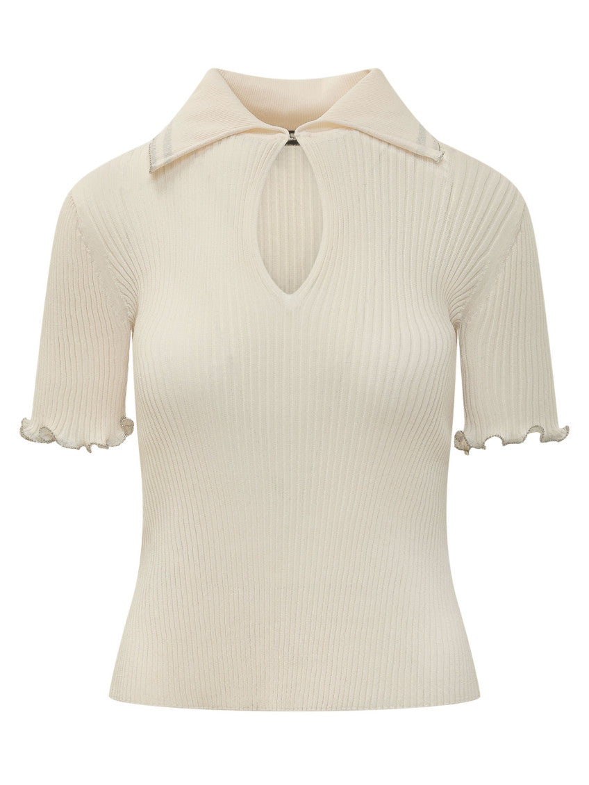 White Knitted Shirt Collar Top 1
