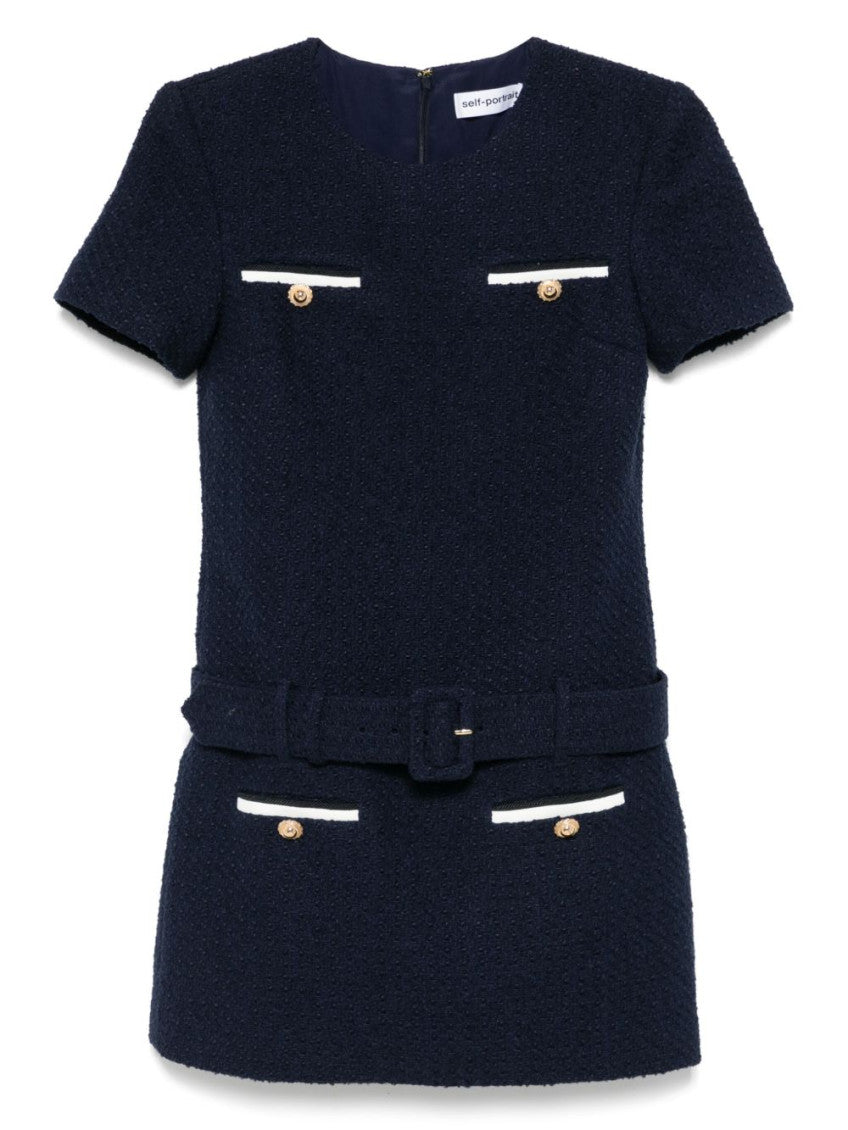 Navy Blue Belted Tweed Mini Dress 1