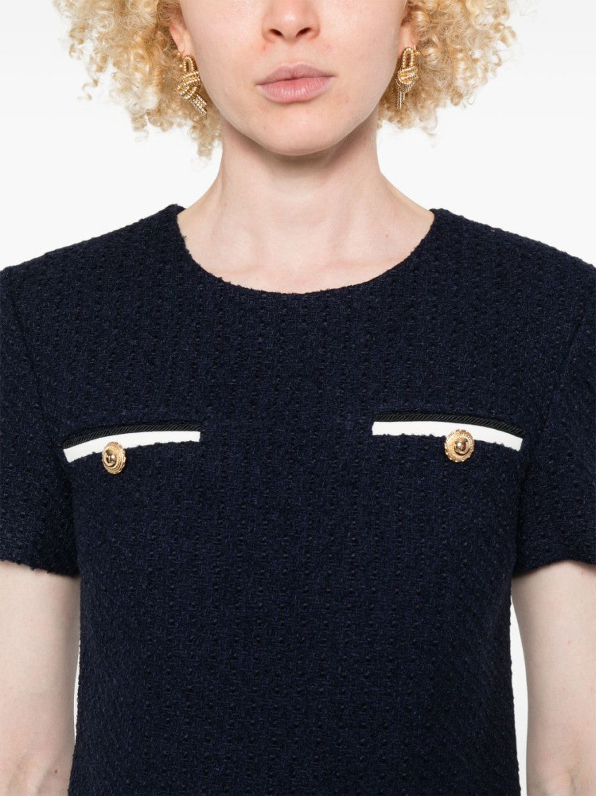Navy Blue Belted Tweed Mini Dress 2