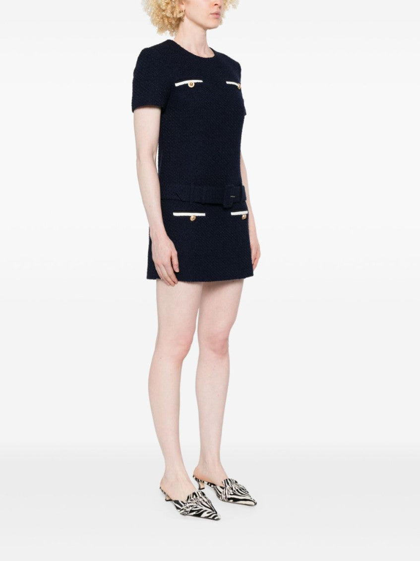 Navy Blue Belted Tweed Mini Dress 3