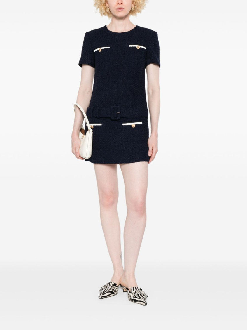 Navy Blue Belted Tweed Mini Dress 4